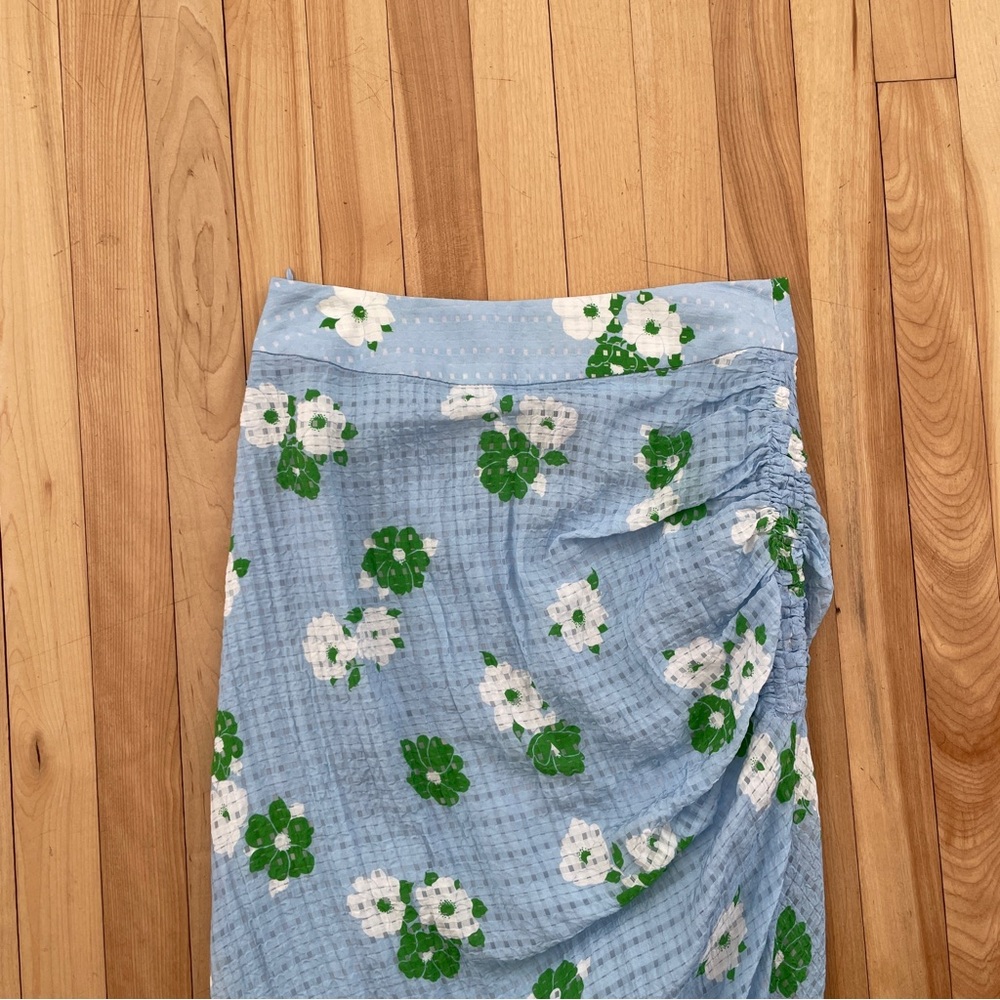 Smythe Mid-Rise Fitted Asymmetrical Ruched Flower Print Midi Skirt - Sz 0 (25) - Picture 4 of 15